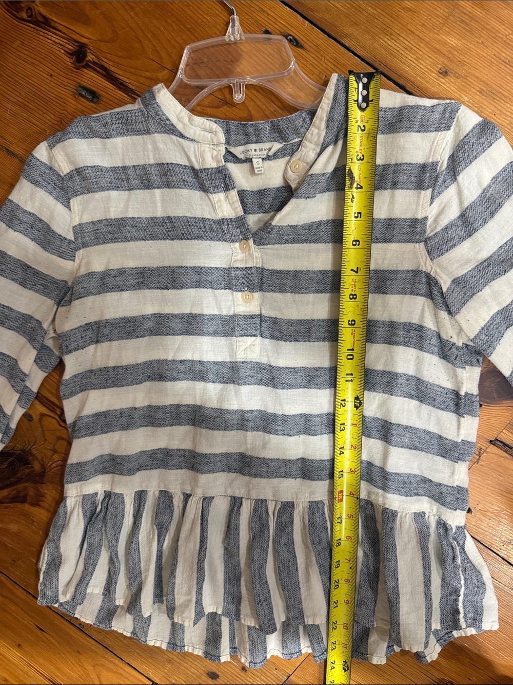 Lucky Brand Blue & Cream Striped Peplum Henley Top size small - Picture 9 of 9